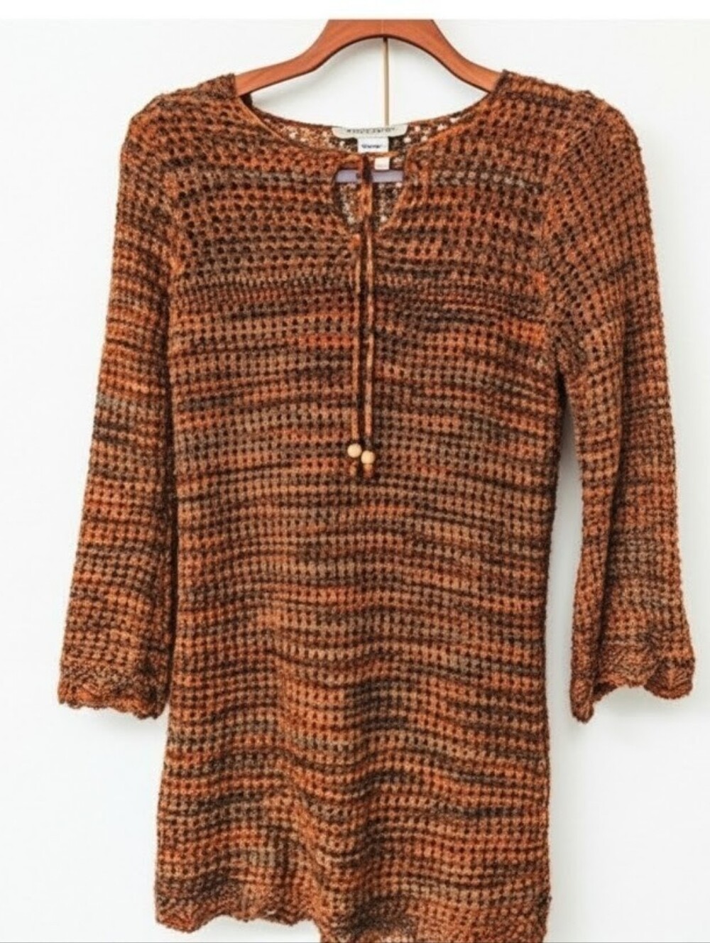 99 Jane Street Crochet Tunic with Tie Neck in Rust and Brown